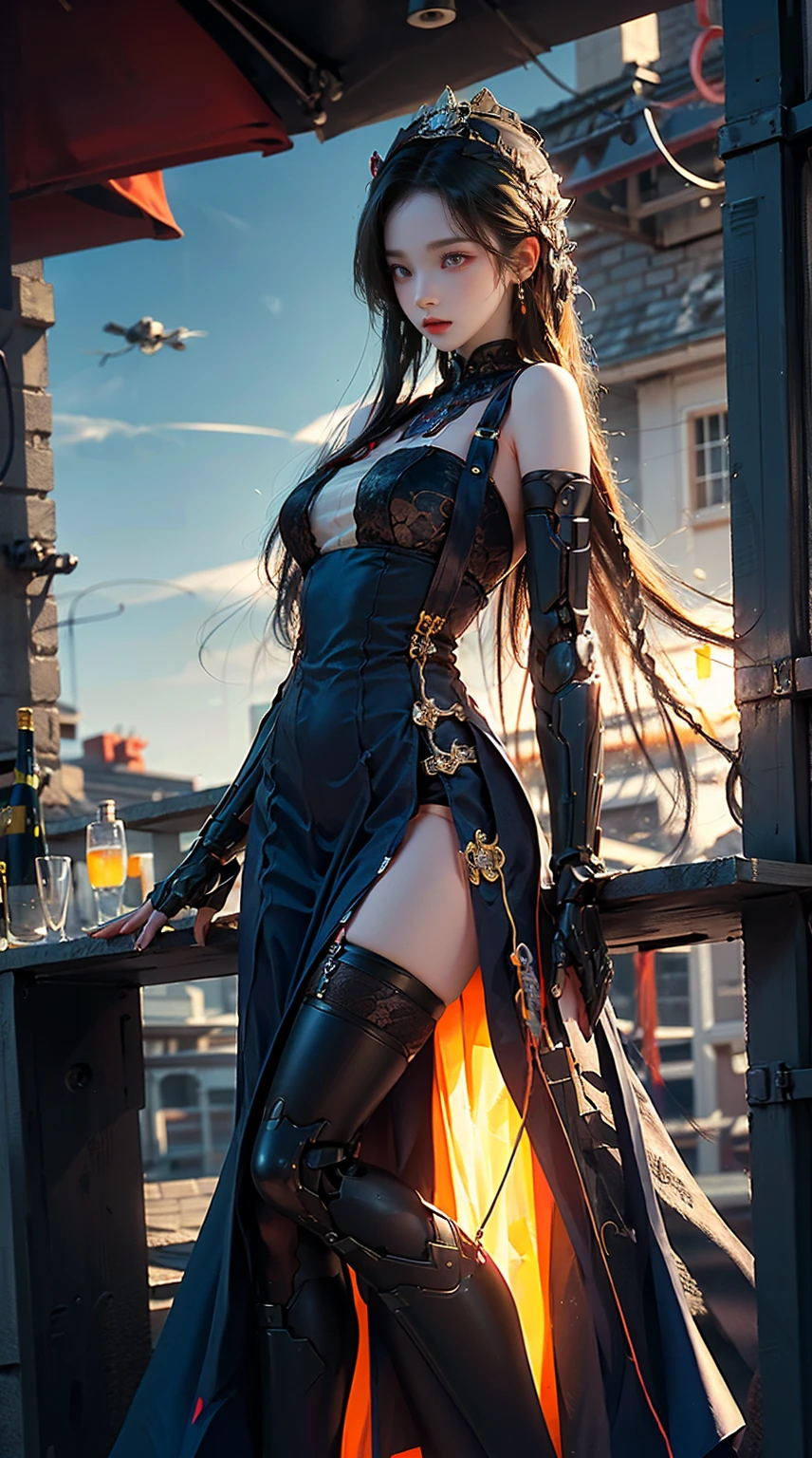 masterpiece, best quality, high resolution, One Woman, from below, (매우 얇고 straight legs),(매우 long legs, straight legs), high heel, long legs, 정면에서 보면 long legs, perfect body, with perfect legs, (Exterior),Telegraph slang,dynamic pose,Exquisite eyes,brown eyes,eye shadow,to put on make up,long blonde hair, detailed face, detailed eyes, looking at viewer, blusher\(to put on make up\), plump lips, red lip,(long gray hair:1.3),Mechanically static,Summon Mech,(headdress:1.1),headgear,((((dressed like a student)))),(black lace stockings,stocking suspenders),city,Luminous winding,With a gun in my hand,weapon,,Completely mechanical and futuristic elements,technology,배경은 뉴욕 도심 길distance 차들이 지나다니는,distance, sky sky, ,1(slim:1.2),dramatic lighting,vivid details,