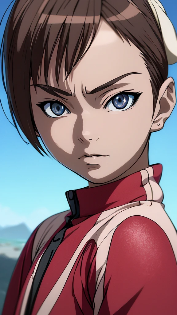 Screenshot of My hero academia 2 D , Dark brown hair girl ,curly wavy, riotous , short , fluffed ,with some strands on the sides and in the middle. Blood red eyes with a friendly expression and wearing a UA uniform