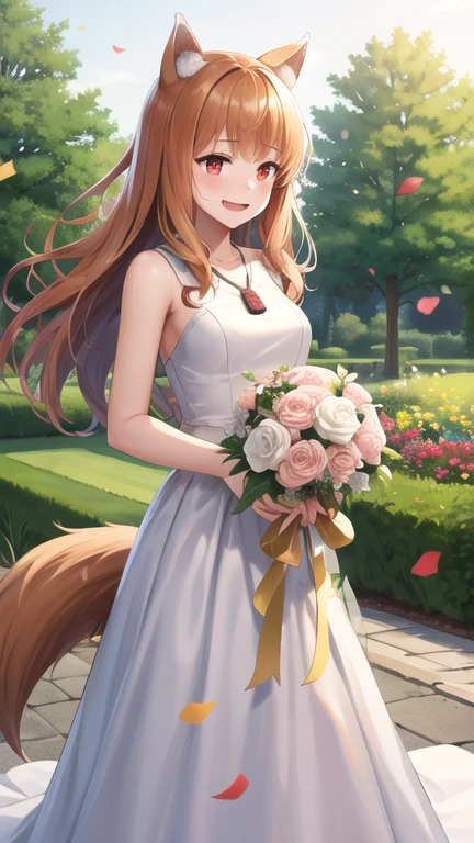 masterpiece, best quality, highres, 1girl, long hair, brown hair, animal ears, red eyes, wolf tail, necklace, wedding dress, white dress, garden, standing, holding bouquet, smile, tears, confetti,