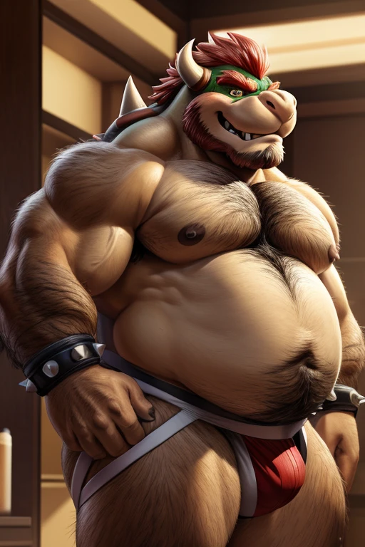 bowser, fat tummy, anthro, biceps,smirk,obese male, chubby, overweight, blush, super hairy tummy, super hairy arms, super hairy ass, super hairy balls, body hair, happy trail, full beard, glistening skin, very huge ass, micropenis, micro balls, (jockstrap:1.3), no shell, muscular, muscular anthro, muscular male, huge moobs, extreme detailed face, detailed eyes, back view,(photorealistic, hyper realistic, ultra detailed, ultra detailed background, octane render, soft lighting, ultra detailed),(by rossciaco, by adios,)