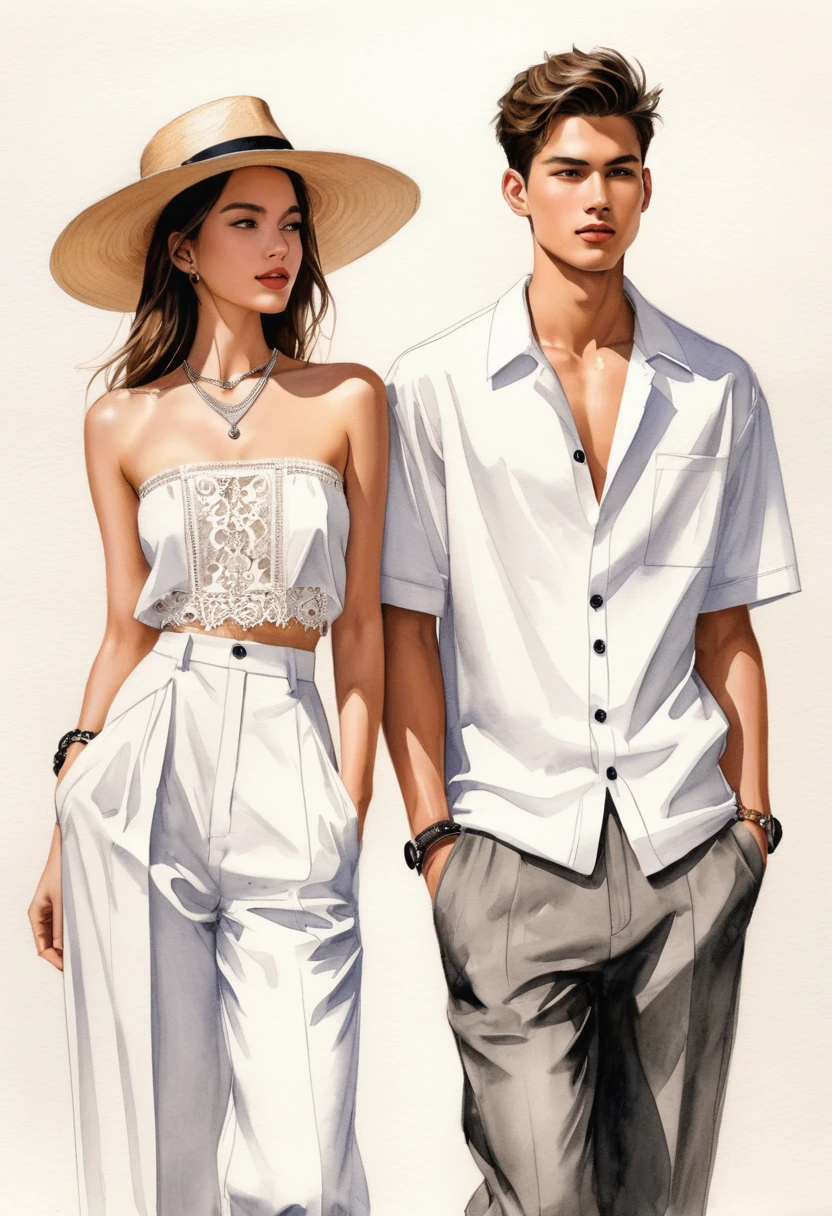 candid fashion illustration of young man and woman, both aged 23 year old, tall and slender, super model, ((showcase fashion in a White cotton outfits)), clothes inspired by Christian Dior's resort collection 2024 in elegant bohemian style with ethnic woven details. The man wears an oversized short-sleeved shirt with lace details, paired with relaxed-fit Pants, semi bugle, He completes his look with sneakers, round sunglasses, hat, The woman complements him in a white strapless cotton dress with lace embroidery details in white on the top edge and features side entry pockets, Her ensemble includes an accessorizes with a wide-brimmed straw hat, white sneakers and big necklace. Captured in a ((full-body pose)), ((simple water-color on white paper background)), realistic pencil lines, imperfect drawing, charcoal lines detail, fading sketch, fashion Sketching, Dutch angle,