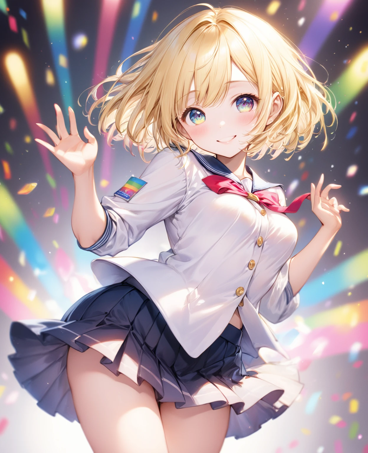 ((Highest quality, 8k, 32K, masterpiece, Ultra-high resolution,:1.2),born, One girl,Super cute , Fantasy Background, Clear, shining eyes, 20-year-old ,Fair skin, Girl, keep your spirits up, expensive, uniform, mini skirt,D cup breasts,,An innocent smile,Nyan Nyan Pose,short hair,Blonde