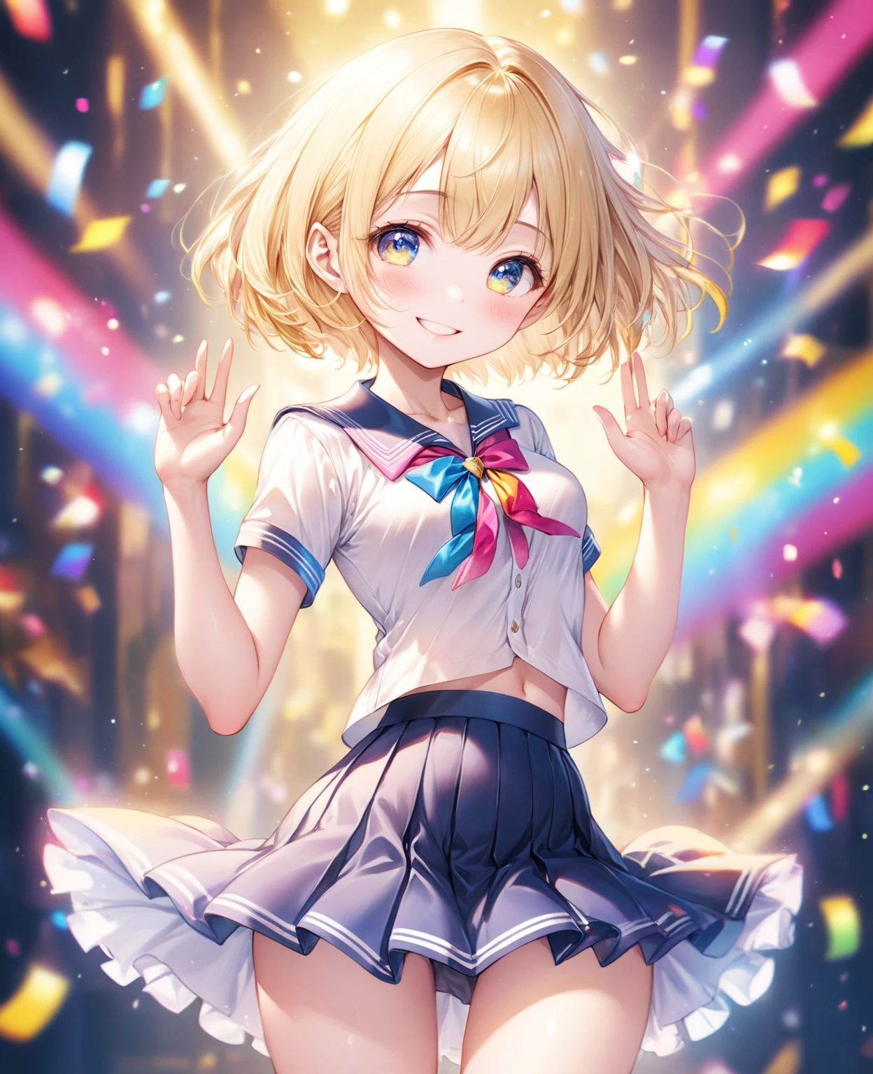 ((Highest quality, 8k, 32K, masterpiece, Ultra-high resolution,:1.2),born, One girl,Super cute , Fantasy Background, Clear, shining eyes, 20-year-old ,Fair skin, Girl, keep your spirits up, expensive, uniform, mini skirt,D cup breasts,,An innocent smile,Nyan Nyan Pose,short hair,Blonde