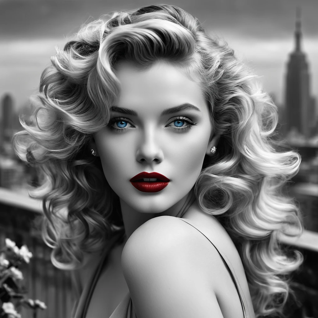 Imagine an eternal goddess，With messy wavy hair and charming blue eyes，She fascinates everyone who sees her.. Her lips, Painted in eternal red, Against the backdrop of a monochrome cityscape，She exudes elegance and sophistication, Evoke the glamour of Old Hollywood icons like Marilyn Monroe.