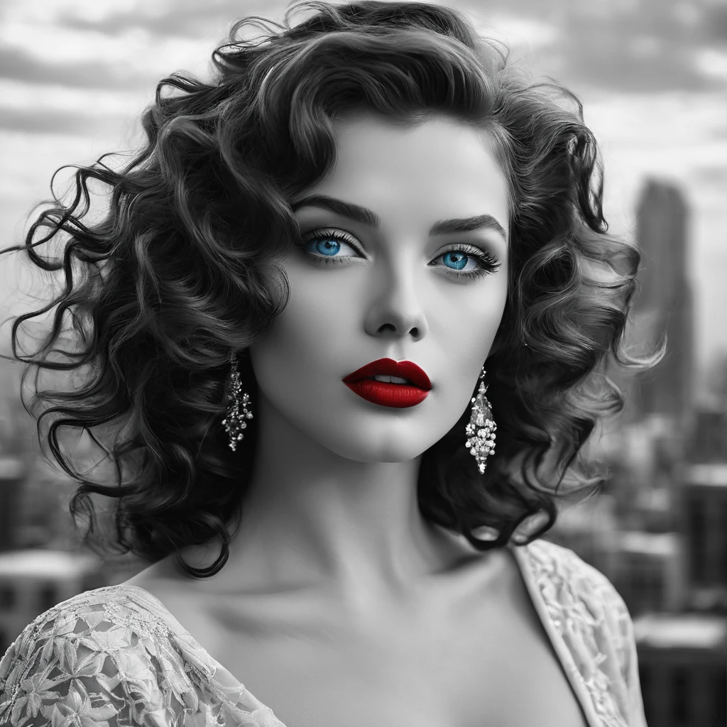 Imagine an eternal goddess，With messy wavy hair and charming blue eyes，She fascinates everyone who sees her.. Her lips, Painted in eternal red, Against the backdrop of a monochrome cityscape，She exudes elegance and sophistication, Evoke the glamour of Old Hollywood icons like Marilyn Monroe.
