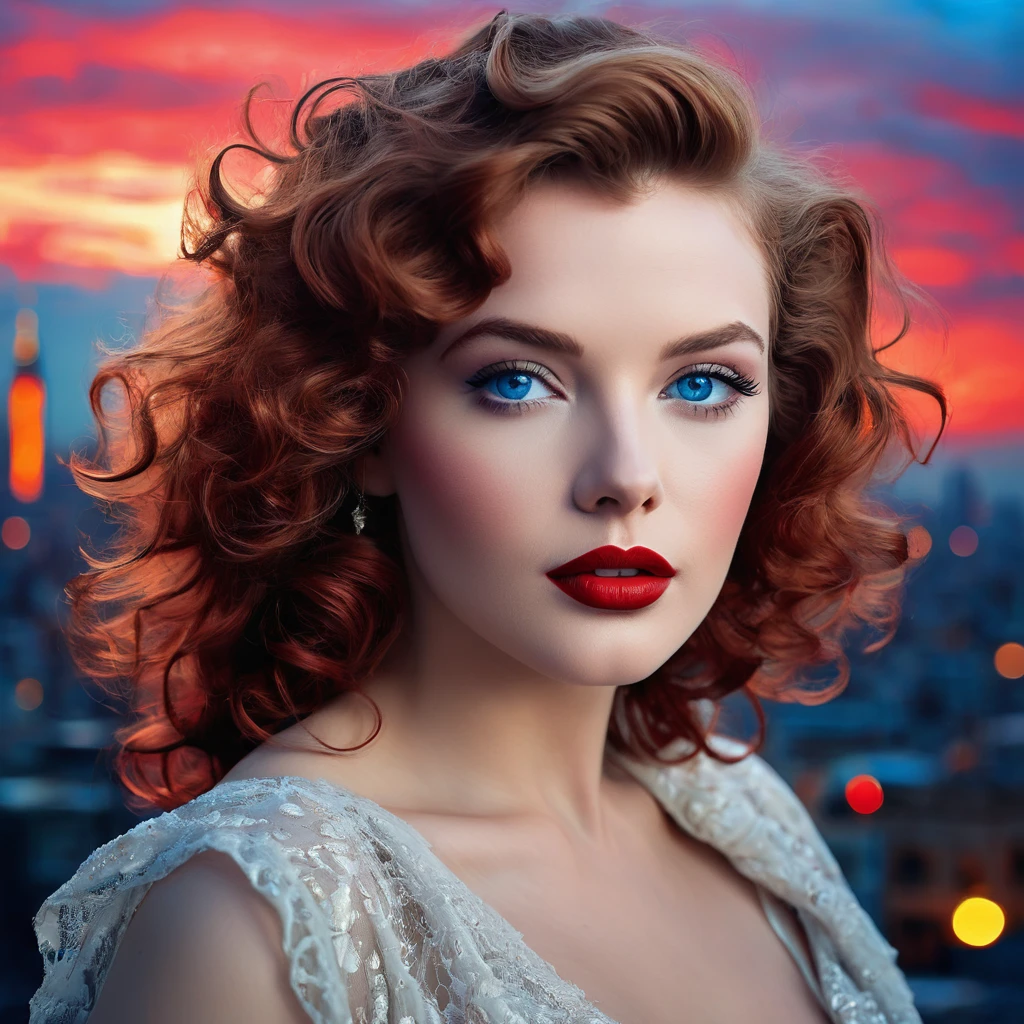 Imagine an eternal goddess,With messy wavy hair and charming blue eyes,She fascinates everyone who sees her.. Her lips, Painted in eternal red, Against the backdrop of a monochrome cityscape,She exudes elegance and sophistication, Evoke the glamour of Old Hollywood icons like Marilyn Monroe.