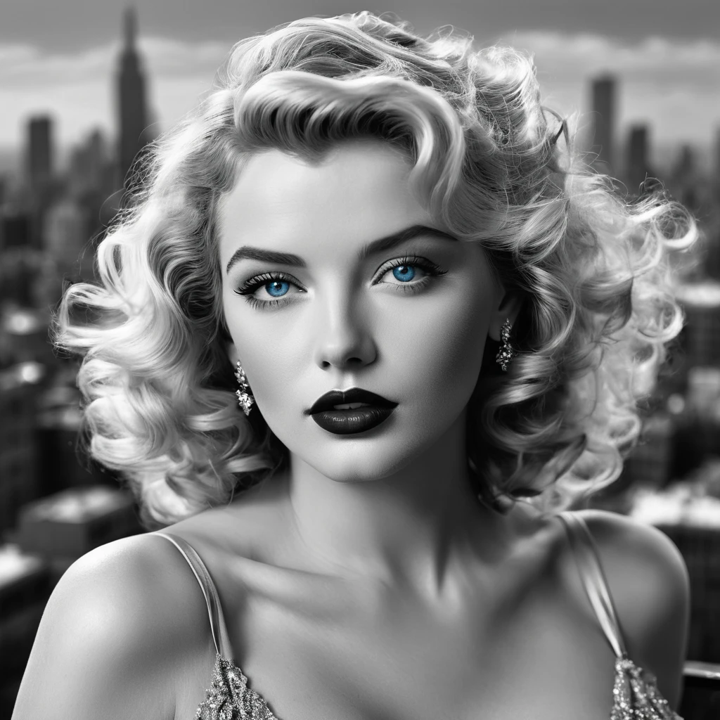 Imagine an eternal goddess，With messy wavy hair and charming blue eyes，She fascinates everyone who sees her.. Her lips, Painted in eternal red, Against the backdrop of a monochrome cityscape，She exudes elegance and sophistication, Evoke the glamour of Old Hollywood icons like Marilyn Monroe.