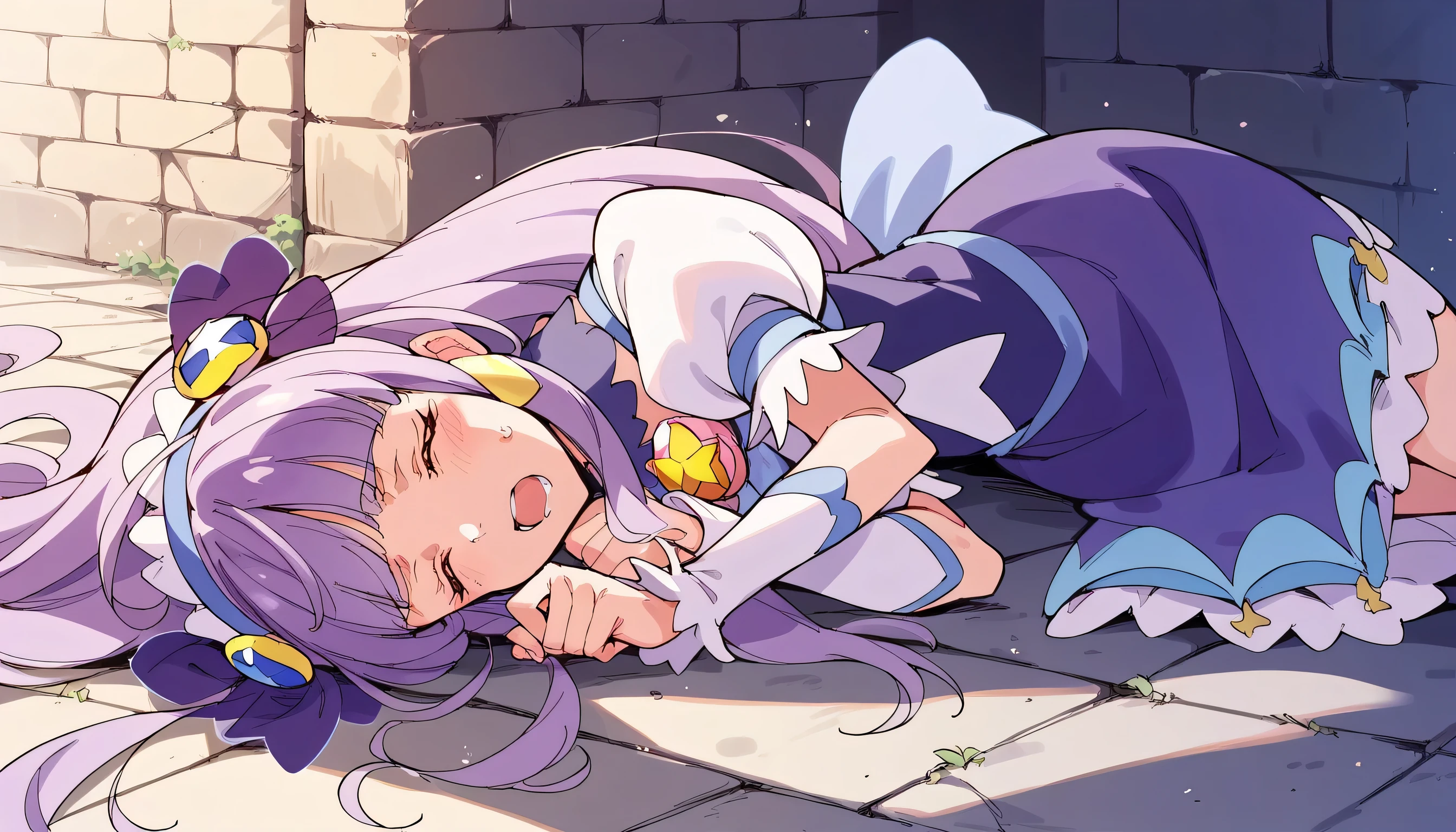 cureselene, precure, score_9, score_8_up, score_7_up, 1girl, solo, looking at viewer,Closed eyes, face of pain, Lie down on the floor ) (Close your eyes 1.6) (It hurts a lot 1.7), Being raped during sleep,Defeated,Anime Background