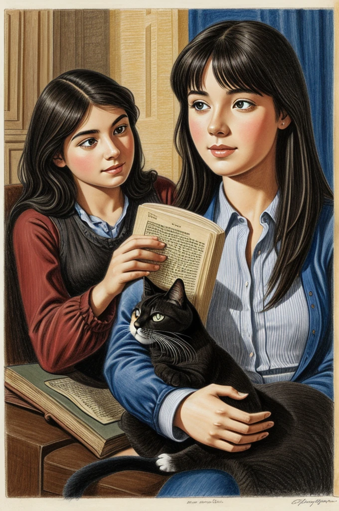 Drawing of a young woman with a cat and a book