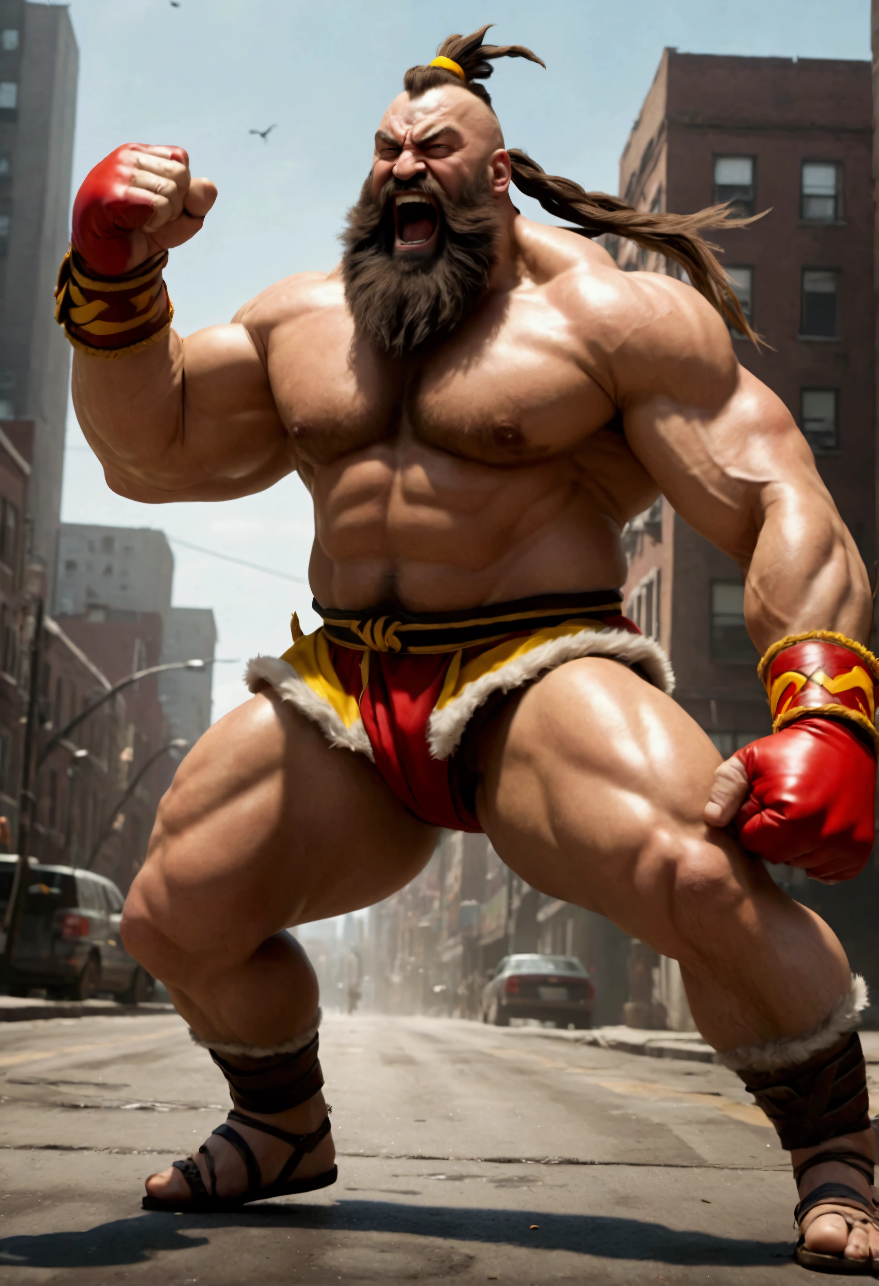 A muscular man with a wrestler's outfit, long hair, and a thick beard, Zangief from the Street Fighter video game series, performing his victory moves while laughing, viewed from a low angle, (best quality,4k,8k,highres,masterpiece:1.2),ultra-detailed,(realistic,photorealistic,photo-realistic:1.37),extremely detailed face and muscles,powerful pose,dynamic action,dramatic lighting,moody colors,cinematic composition