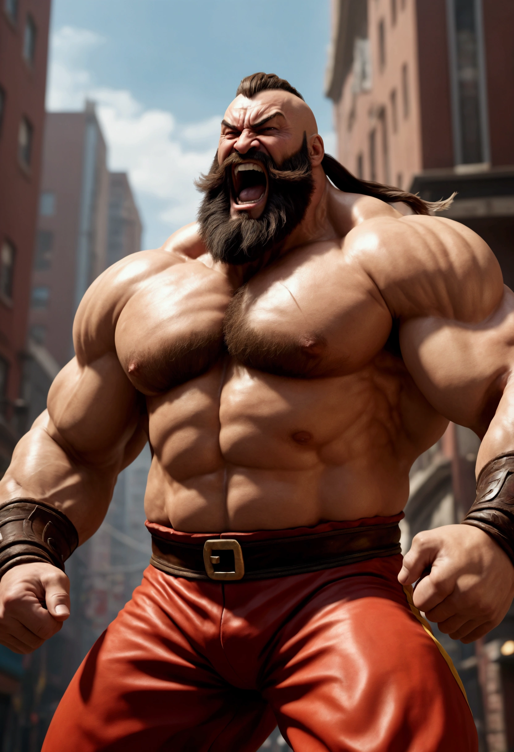 A muscular man with a wrestler's outfit, long hair, and a thick beard, Zangief from the Street Fighter video game series, performing his victory moves while laughing, viewed from a low angle, (best quality,4k,8k,highres,masterpiece:1.2),ultra-detailed,(realistic,photorealistic,photo-realistic:1.37),extremely detailed face and muscles,powerful pose,dynamic action,dramatic lighting,moody colors,cinematic composition