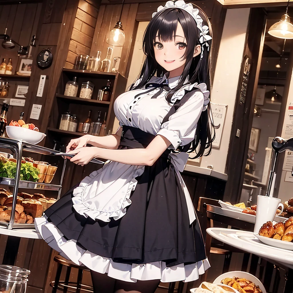 (masterpiece, best quality:1.2), cowboy shot, solo, 1girl, sonken chuubou, smile, looking at viewer, holding tray, hairband, waitress, apron, puffy sleeves, pantyhose, large breasts