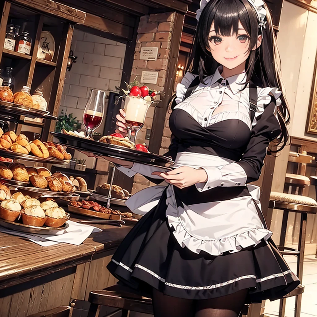 (masterpiece, best quality:1.2), cowboy shot, solo, 1girl, sonken chuubou, smile, looking at viewer, holding tray, hairband, waitress, apron, puffy sleeves, pantyhose, large breasts