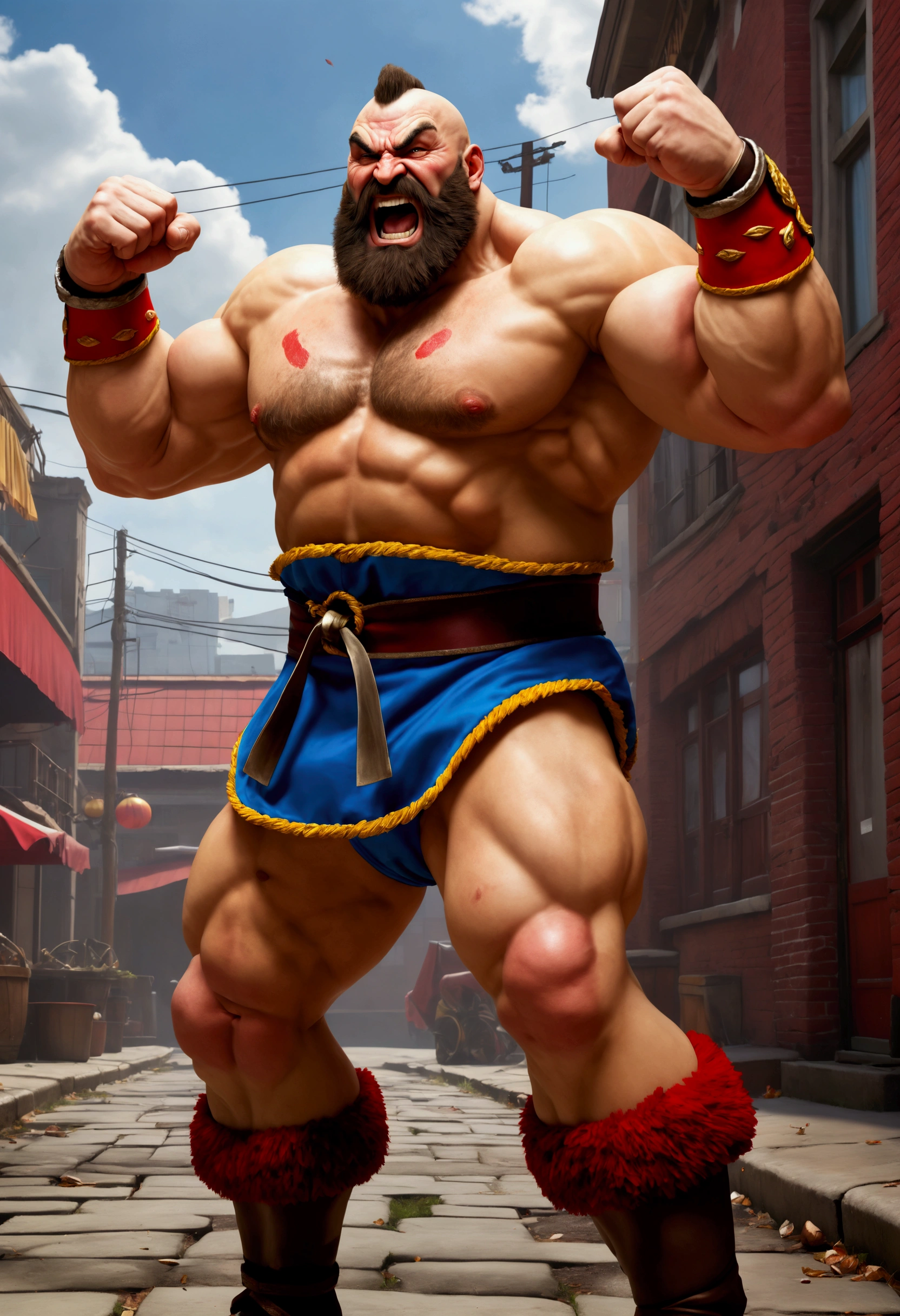 (best quality,4k,8k,highres,masterpiece:1.2),ultra-detailed,(realistic,photorealistic,photo-realistic:1.37),street fighter 2 zangief,zangief character,muscular russian wrestler,victory pose,laughing expression,low angle view,dynamic motion,detailed facial features,detailed costume,studio lighting,vibrant colors,dramatic lighting