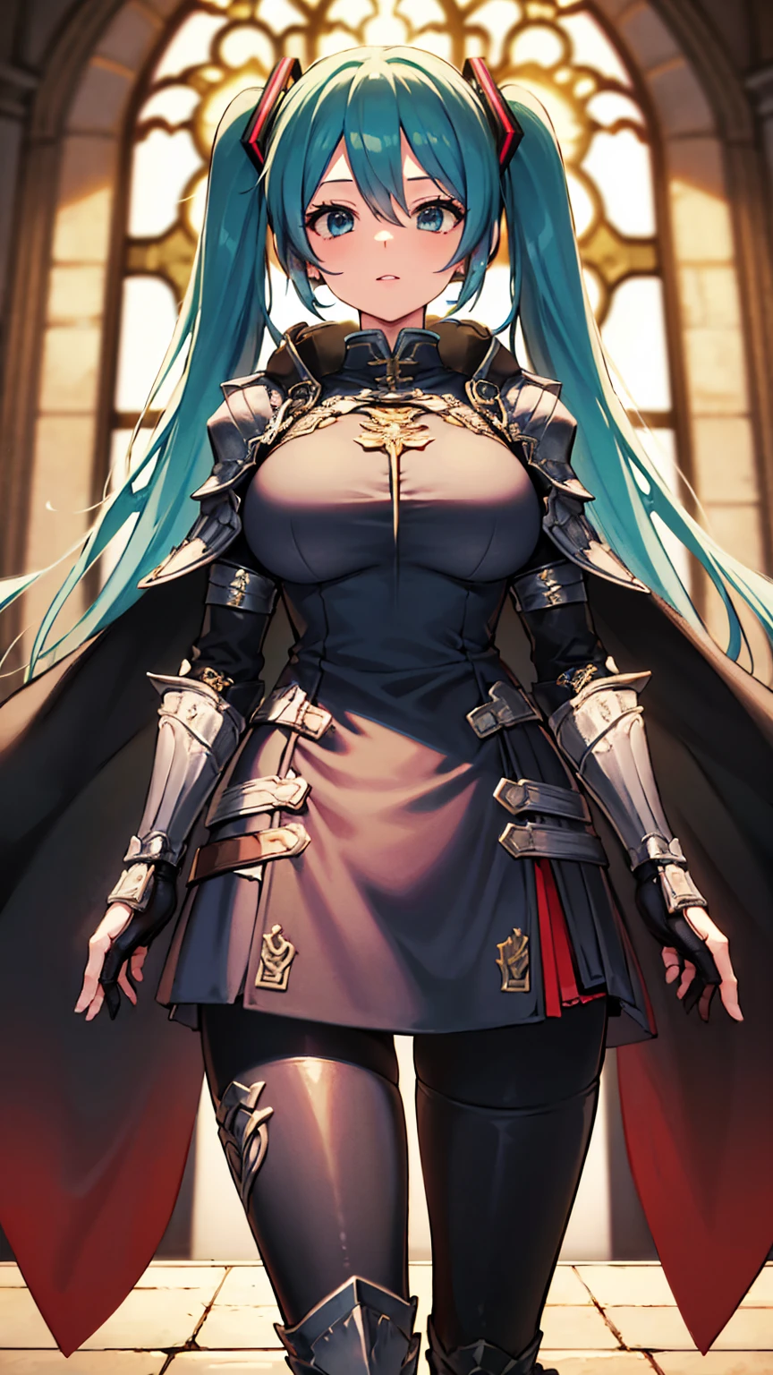 Masterpiece, Top Quality, 8K Hatsune Miku VOCALOID, 1Woman, Big Breasts, Equipped with a Cloak, ((Dragon Armor)), {{Full Armor}}, {{Knight Armor}}, Black Tights, Church