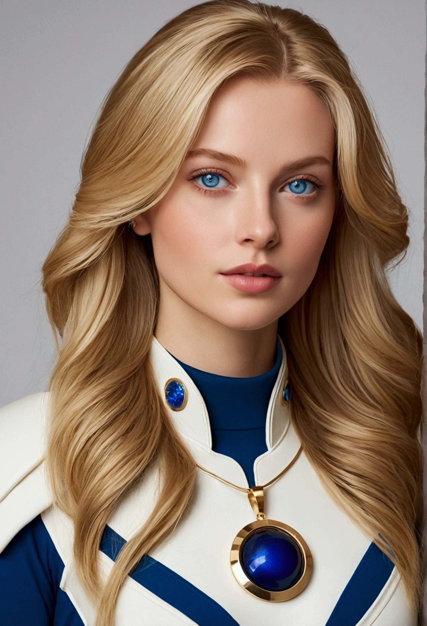 Anastasia had long, blonde hair, deep blue eyes that reflected his intelligence and determination. She had fair skin, voluptuous body and an upright posture that conveyed confidence. Anastasia always wore a necklace with a pendant that belonged to her mother., a symbol of their commitment to the fight against tyranny. He wore a modern space suit, glued to the body which brought greater mobility, with accessories on your waist.  fully body