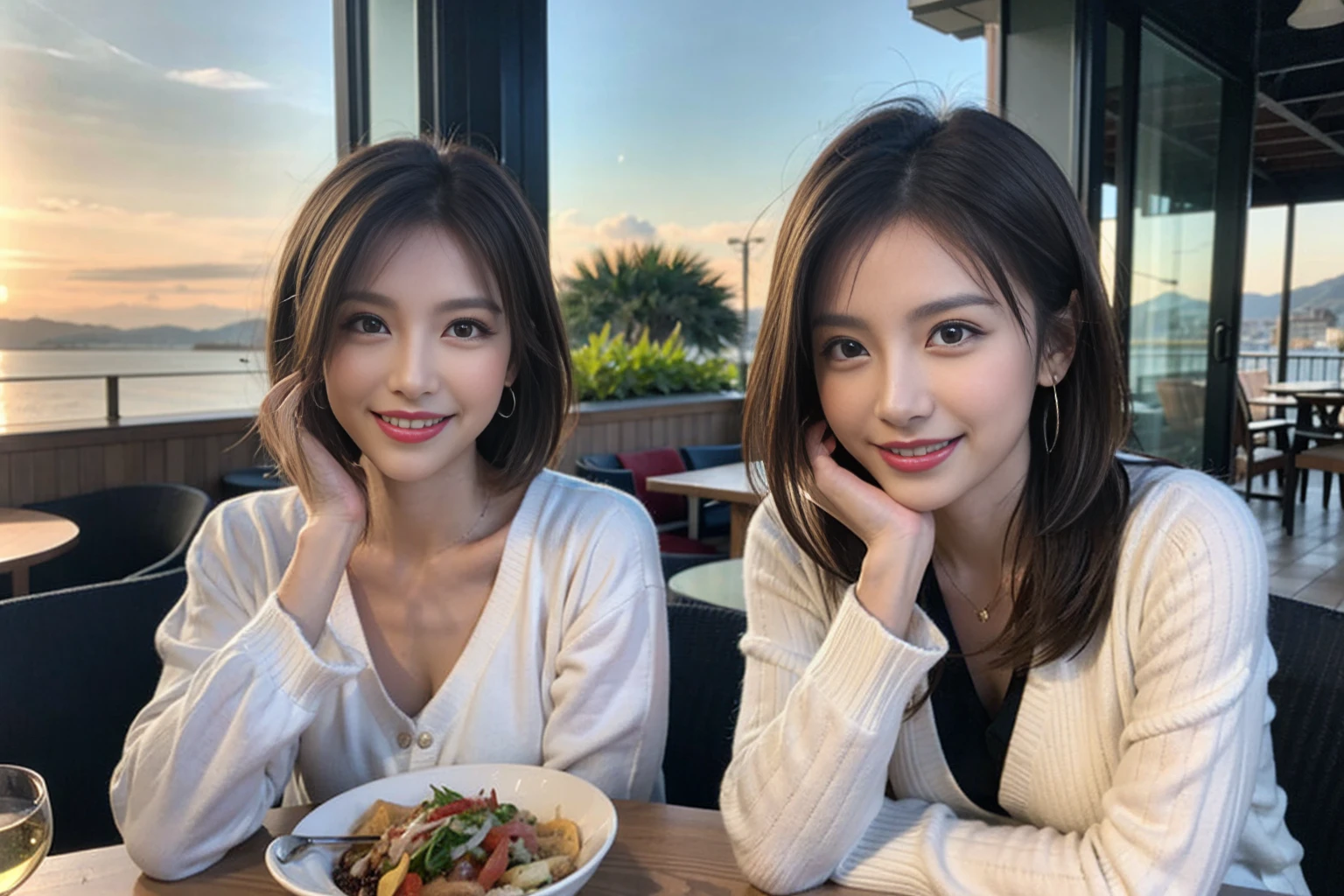 (Realistic:1.1),(masterpiece,Highest quality),8k,(49 years old), 53 years old, ベリーslimボディ、slimカップル、Tight waist,Upper Body,full-course dinner、wine 、Amazing view of the sunset sky and clouds、Perfect Anatomy, Brown Hair, short hair,Random Hairstyles,((Highly detailed face and eyes:1.2)),Perfect golden ratio face,Long sleeve shirt、dress,(smile:1.2)、Shortcuts、cute、(Realistic, Intricate details:1.2), A bright smile、short hair,Bright Face、赤wine 、Appetizers、Italian food、wine bottle、Champagne、スパークリングwine、(slimな顔), (The body is slim), (Brown Hair), (Shortcuts), Upper Body, 白wine, slim, wineグラス,