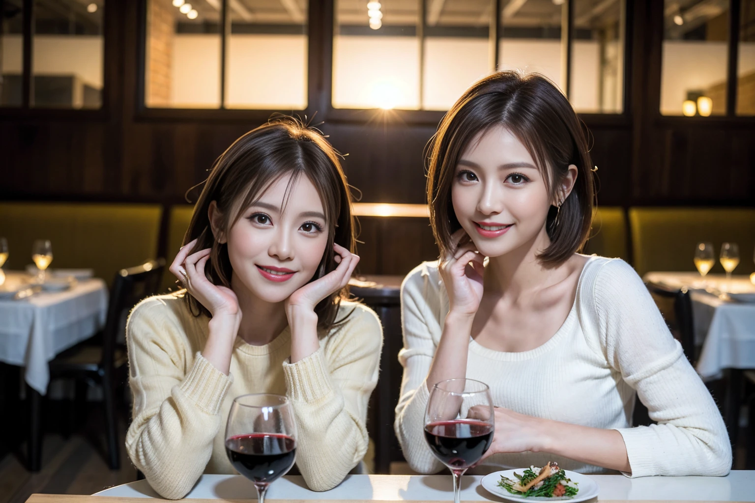 （Realistic:1.1）,(masterpiece,Highest quality)，8k,(49 years old), 53 years old, ベリーslimボディ、slimカップル、Tight waist,Upper Body,full-course dinner、wine 、Amazing view of the sunset sky and clouds、Perfect Anatomy, Brown Hair, short hair,Random Hairstyles,((Highly detailed face and eyes:1.2))，Perfect golden ratio face，Long sleeve shirt、dress,(smile:1.2)、Shortcuts、cute、(Realistic, Intricate details:1.2), A bright smile、short hair,Bright Face、赤wine 、Appetizers、Italian food、wine bottle、Champagne、スパークリングwine、(slimな顔), (The body is slim), (Brown Hair), (Shortcuts),  Upper Body, 白wine, slim, wineグラス, 