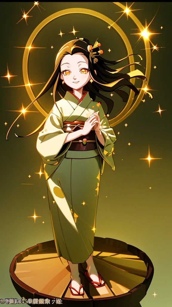 Ghibli style、masterpiece, Highest quality, detailed, Kamado Nezuko、alone, detailed golden eyes, Shoulder-length hair、Standing in beautiful nature, (detailed kimono), A light smile, Medium chest, smile、Sparkle Effect, Sparkle Effect, 3D Rendering,