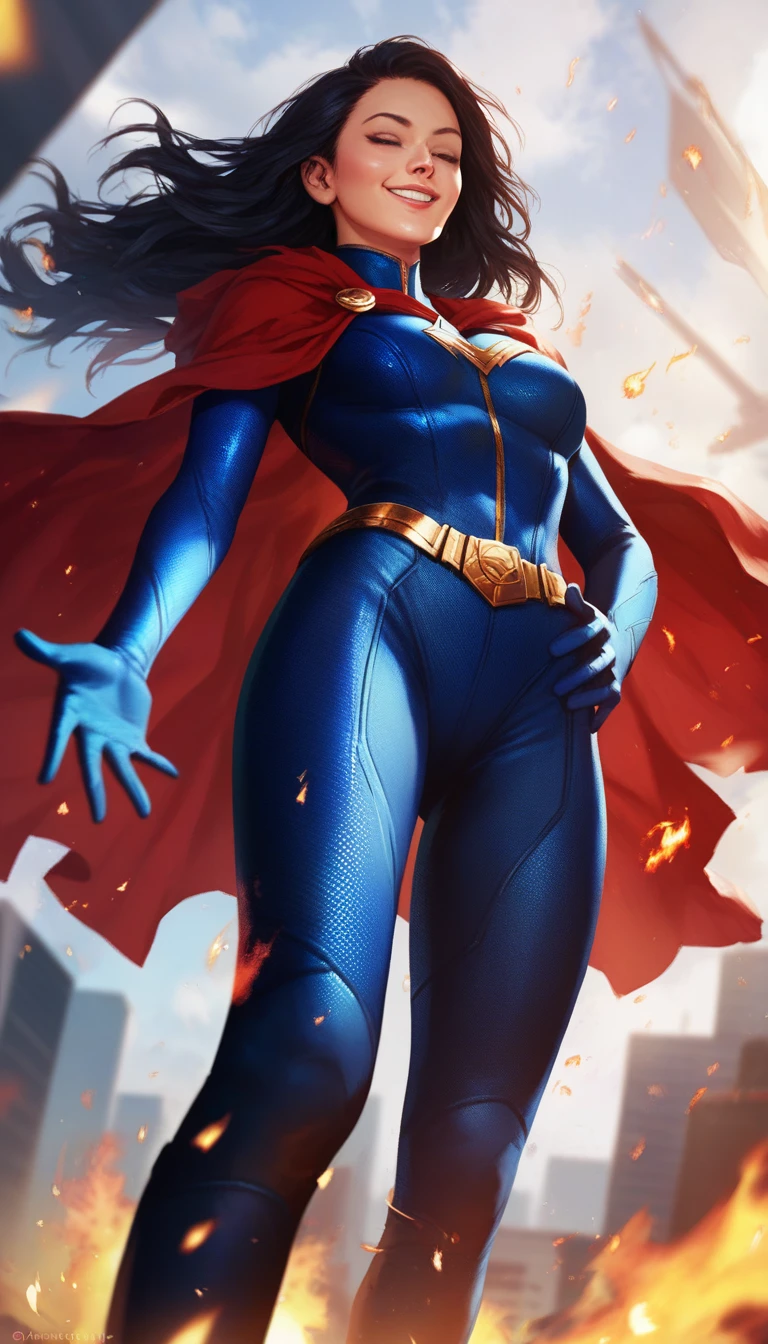 score_9, score_8_up, score_7_up, score_6_up, 1girl, detailed face, closed eyes, long hair, black hair, swaying hair, confident, smile, blue superhero suit, red cape, bodysuit, hands on waist, embers, fire particles, superhero pose, city background, blurry background, low angle shot, shot from below,