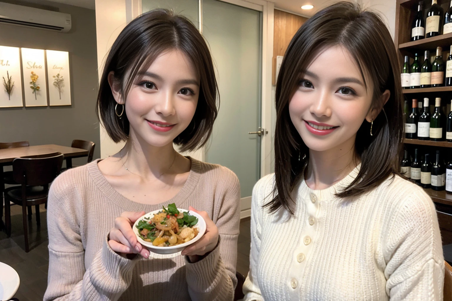 （Realistic:1.1）,(masterpiece,Highest quality)，8k,(56 years old), 53 years old, ベリーslimボディ、slimカップル、Tight waist,Upper Body,full-course dinner、wine 、Amazing view of the sunset sky and clouds、Perfect Anatomy, Brown Hair, short hair,Random Hairstyles,((Highly detailed face and eyes:1.2))，Perfect golden ratio face，Long sleeve shirt、dress,(smile:1.2)、Shortcuts、cute、(Realistic, Intricate details:1.2), A bright smile、short hair,Bright Face、赤wine 、Appetizers、Italian food、wine bottle、Champagne、スパークリングwine、(slimな顔), (The body is slim), (Brown Hair), (Shortcuts),  Upper Body, 白wine, slim, wineグラス, 