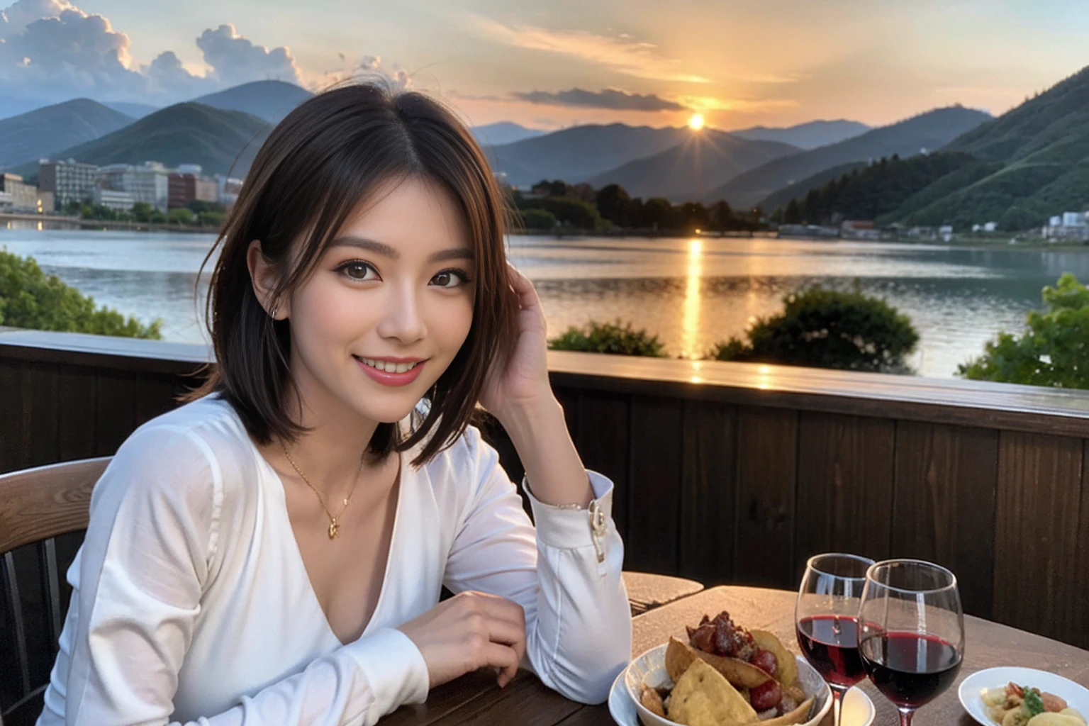 （Realistic:1.1）,(masterpiece,Highest quality)，8k,(49 years old), 53 years old, ベリーslimボディ、slimカップル、Tight waist,Upper Body,full-course dinner、wine 、Amazing view of the sunset sky and clouds、Perfect Anatomy, Brown Hair, short hair,Random Hairstyles,((Highly detailed face and eyes:1.2))，Perfect golden ratio face，Long sleeve shirt、dress,(smile:1.2)、Shortcuts、cute、(Realistic, Intricate details:1.2), A bright smile、short hair,Bright Face、赤wine 、Appetizers、Italian food、wine bottle、Champagne、スパークリングwine、(slimな顔), (The body is slim), (Brown Hair), (Shortcuts),  Upper Body, 白wine, slim, wineグラス, 