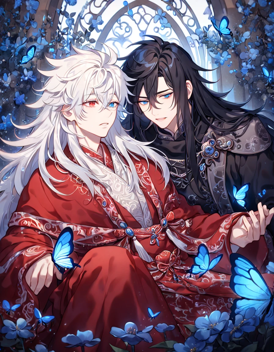 absurdres, highres, ultra detailed, HDR, master piece, best quality, extremely detailed face, delicated features, Xue Yu, untamed spiky hair, black hair, long hair, hair between the eyes, expressive red eyes, Thousand Years War, Gojou Satoru, white hair, messy hair, expressive blue eyes, two sexy men together, gay couple, yaoi, handsome, red wedding robes, red wedding robes, accessories, patterns, wedding, fantasy, magical, radiant, blue butterflies, blue flowers, garden, blue blossoms, altar, Jujutsu Kaisen