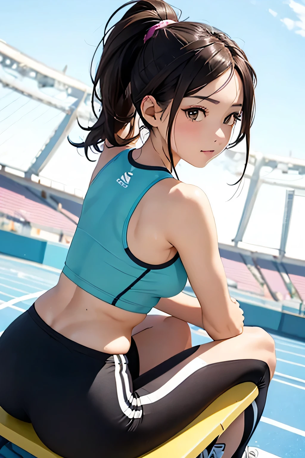 Realistic art style, detailed beautiful faces、 Cute Real、 Detailed body of anime girl、Beautiful anime、hightquality、 Realistic art style, Realistic anime art style, Stunning anime faces、kawaii、 Realistic anime art style,Short brown hair、Blue headband、Black Sports Bra、Lined spats、Anime Realism Style、White throat socks、Socks sagging at the ankle、lace-up boots、Open Finger Gloves、Arm Cover、Kneepads