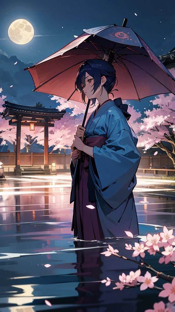 Rurouni Kenshin、Kaoru Kamiya、Blue kimono、One shoulder is bare、night、moon、cherry blossoms、Realistic、rain、Kyoto、shrine、少女は悲しげにmoonを見上げている