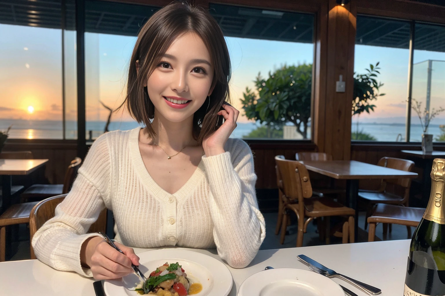 （Realistic:1.1）,(masterpiece,Highest quality)，8k,(49 years old), 53 years old, ベリーslimボディ、slimカップル、Tight waist,Upper Body,full-course dinner、wine 、Amazing view of the sunset sky and clouds、Perfect Anatomy, Brown Hair, short hair,Random Hairstyles,((Highly detailed face and eyes:1.2))，Perfect golden ratio face，Long sleeve shirt、dress,(smile:1.2)、Shortcuts、cute、(Realistic, Intricate details:1.2), A bright smile、short hair,Bright Face、赤wine 、Appetizers、Italian food、wine bottle、Champagne、スパークリングwine、(slimな顔), (The body is slim), (Brown Hair), (Shortcuts),  Upper Body, 白wine, slim, wineグラス, 