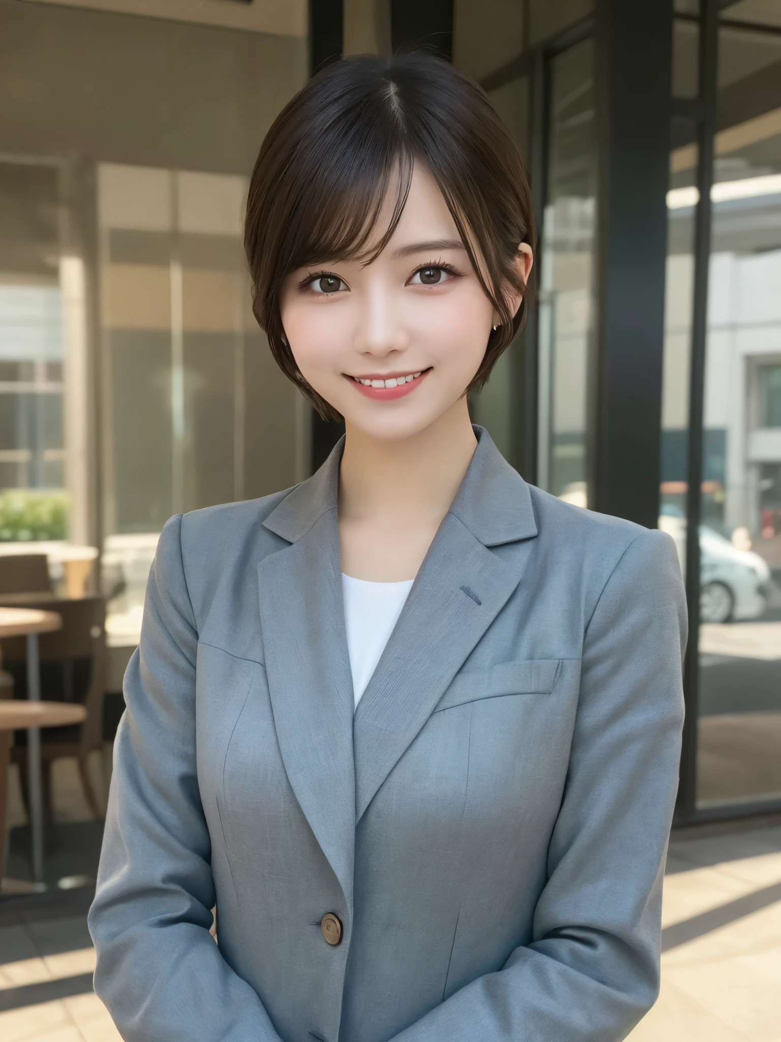 masterpiece, best quality, illustration, ultra-detailed, finely detailed, high resolution, 8K wallpaper, perfect dynamic composition, beautiful detailed eyes, commuting, business attire, short hair, determined expression, cute, smile, looking at camera