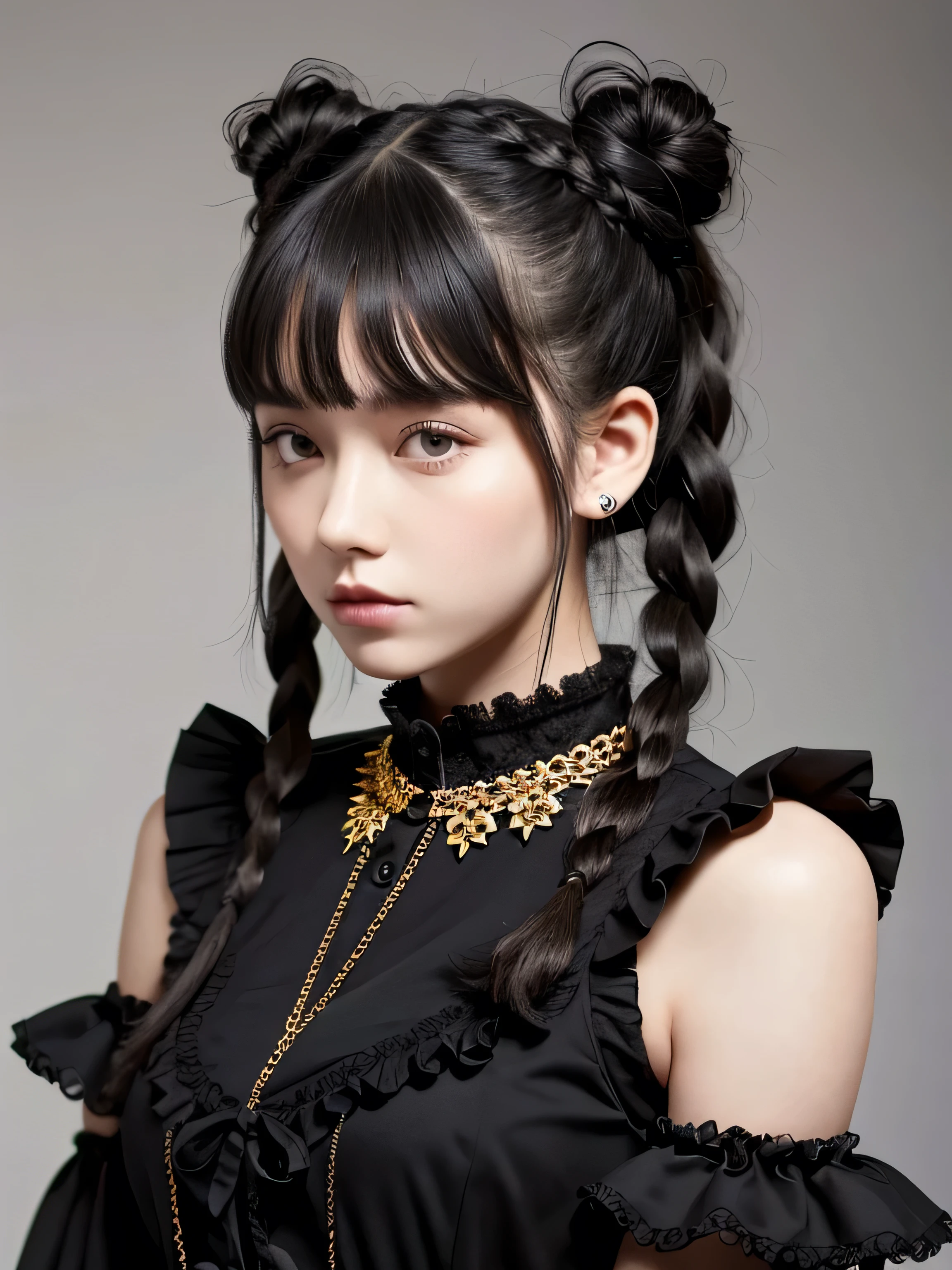 Create an image of an individual in gothic attire with detailed braided pigtails that are black with grey streaks, styled hair buns on each side of the head, wearing a high-collared black dress or top adorned with ruffled lace and a cameo brooch at the collar. Include a delicate gold-colored chain necklace and set against a muted dark greenish-grey background to contrast the pale skin tone and dark clothing palette.
