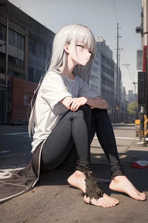 ((best quality)), ((masterpiece)), (detailed), 1 girl, Full body, 18 years old, Depressed face, Silver eyes, Dirty blanket covering her, Looking down, Pale, Silver hair, Long hair, Spiky hair, Bangs, Lock of hair covering her eye, Full body, Very small breasts, Thin body, Homeless, Somewhat dirty, Poor clothes, Gray t-shirt, Dirty thin coat, Dirty pants, Stuffed doll, Metal legs, Sitting, City background, Gray sky, Anime, Profile shot