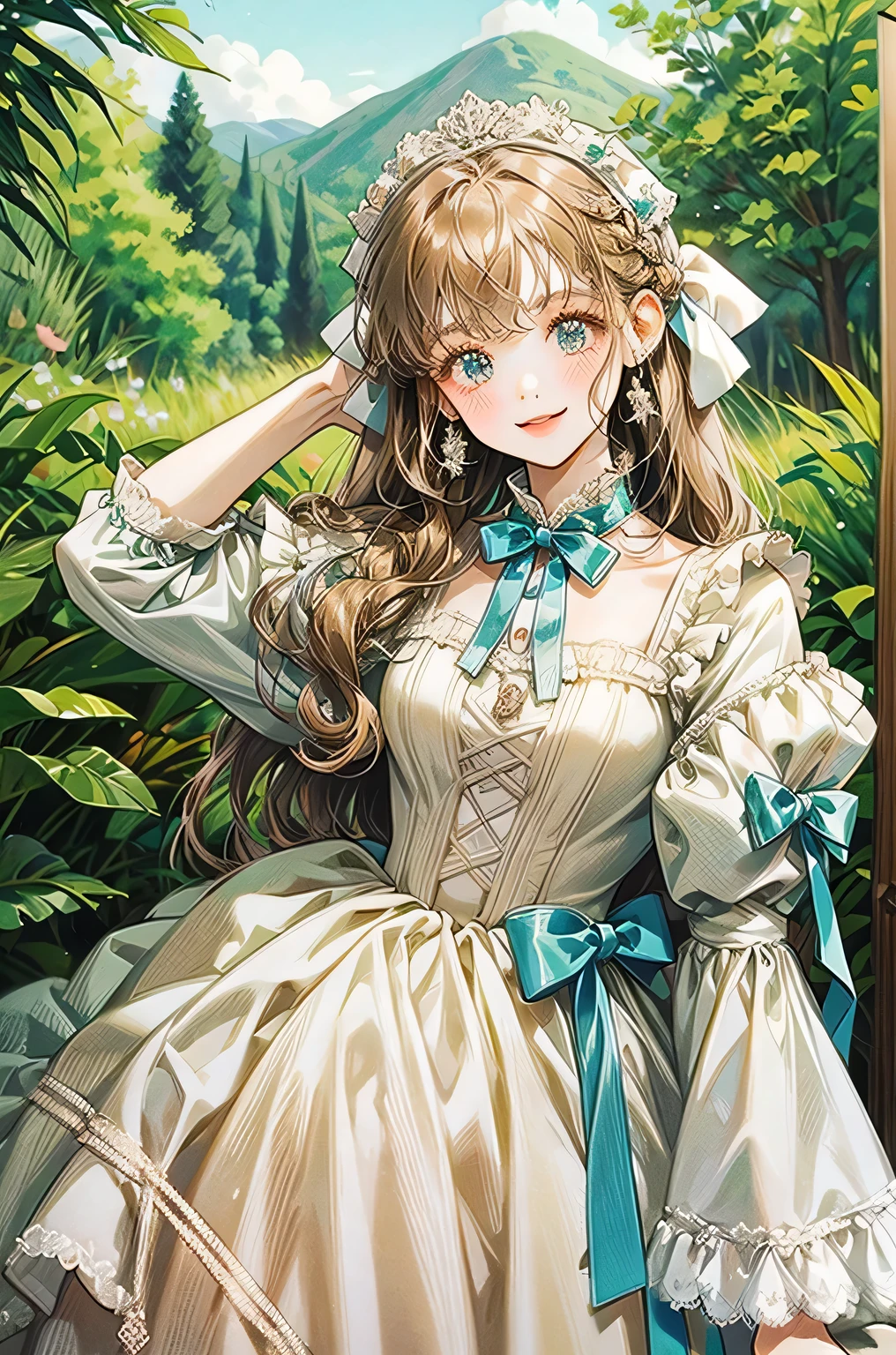 Girl with a big ribbon on her head、Background is white、smile、Her hair color is brown.、Illustrated、Country Style、Checked dress、countryside