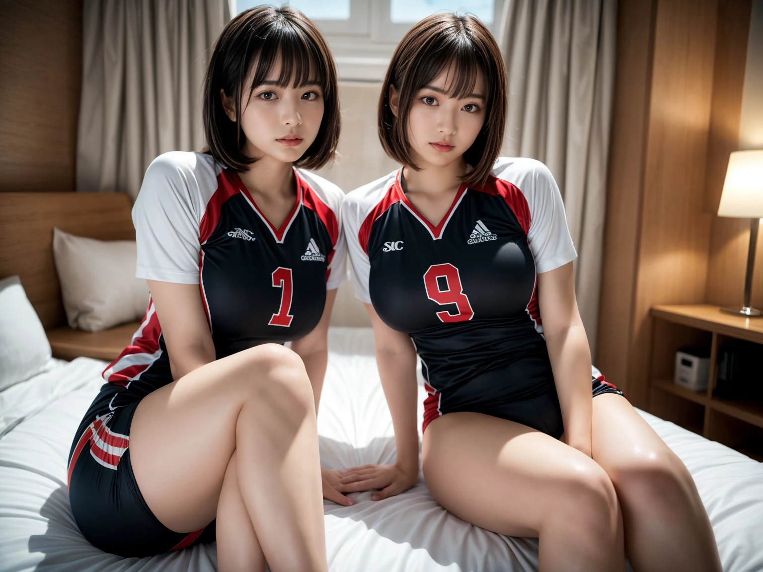 masterpiece, best quality, illustration, Super detailed, fine details, High resolution, 8K,wall paper, perfect dynamic composition,(Details High quality, realistic depiction of eyes:1.3), (2 girls), (short hair volleyball player, Volleyball Uniforms), Tight clothes, sitting, open legs, short bob hair, in a hotel room in the background, deep on field, large breasts, black hair color, Big Natural Color Lip, (perfect body shape), crying a little、Harajuku style、20 year old girl、cute type、beautiful legs, Gravure Idol