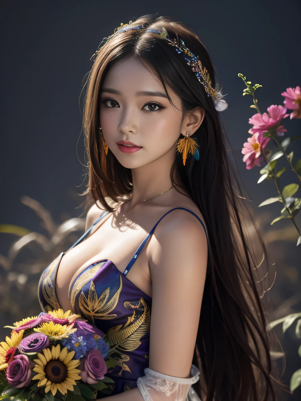 (masterpiece, Highest quality, Highest quality, Official Art, beautifully、beautiful:1.2), (One Girl:1.3), Very detailed,(Fractal Art:1.3),(colorful:1.5)(Flowers:1.3),Most detailed,(Tangled:1.2), whole body, (Abstract background:1.3), (Glowing Skin), (Many colors:1.4), ,(Earrings), (feather:1.5),