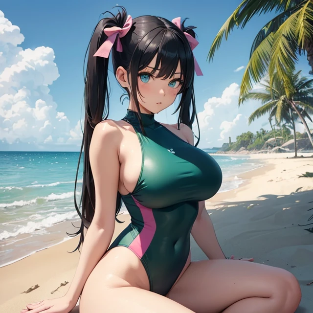 (masterpiece art, high best quality image, very detailed features), solo character,
1Beautiful 22 years old girl, light blue eyes, black hair tied in two in short pig-tails with two pink ribbons tidying the pig-tails, big breasts, beautiful figure, big glutes,
Serious and reflexing
(Green one piece swimsuit),
Sitting on the sand, beach afternoon