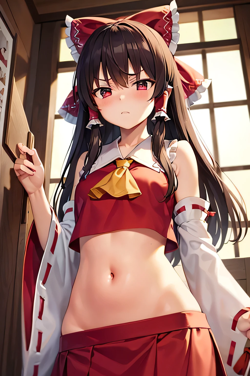 super fine illustration, vibrant colors, masterpiece, sharp focus, best quality, depth of field, cinematic lighting, ultra detailed, blush, belly button, navel, tummy, shrine maiden, hakurei reimu, 1girl, hair bow, ascot, hair tubes, detached sleeves, red shirt, red skirt, very long hair, dark brown hair, indoors, mature woman, ,hakurei reimu, 1girl, hair bow, ascot, hair tubes, miko, detached sleeves, Reimu Hakurei, annoyed, curly hair, looking down