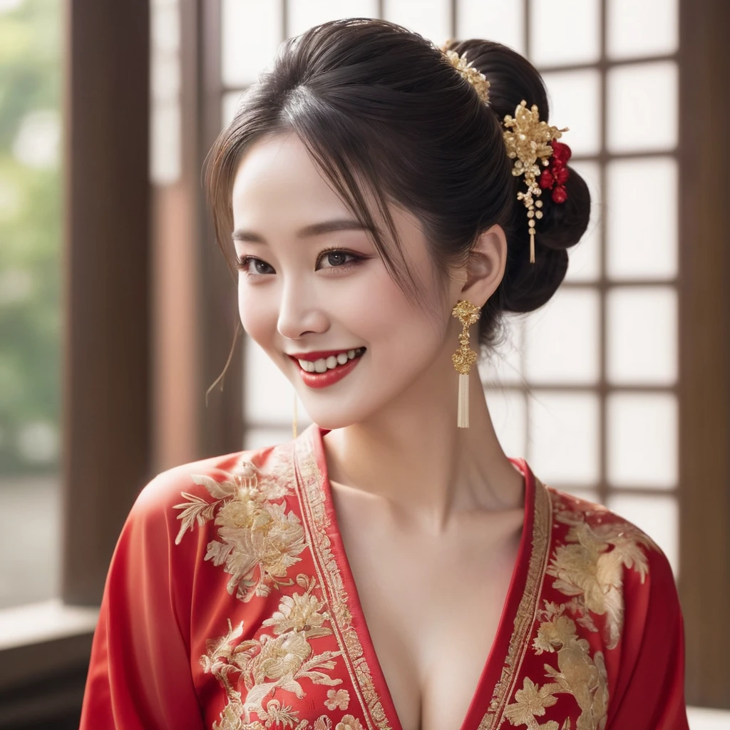 ((Highest quality)), ((masterpiece)), (detailed), (Perfect Face)、The woman has her medium-long hair tied up and is wearing a gorgeous red party Chinese dress with gold embroidery and trim, a long slit that shows off her thighs, and is dressed luxuriously with gorgeous accessories and an engagement ring.、The woman is smiling gently