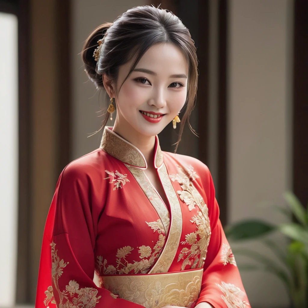 ((Highest quality)), ((masterpiece)), (detailed), (Perfect Face)、The woman has her medium-long hair tied up and is wearing a gorgeous red party Chinese dress with gold embroidery and trim, a long slit that shows off her thighs, and is dressed luxuriously with gorgeous accessories and an engagement ring.、The woman is smiling gently