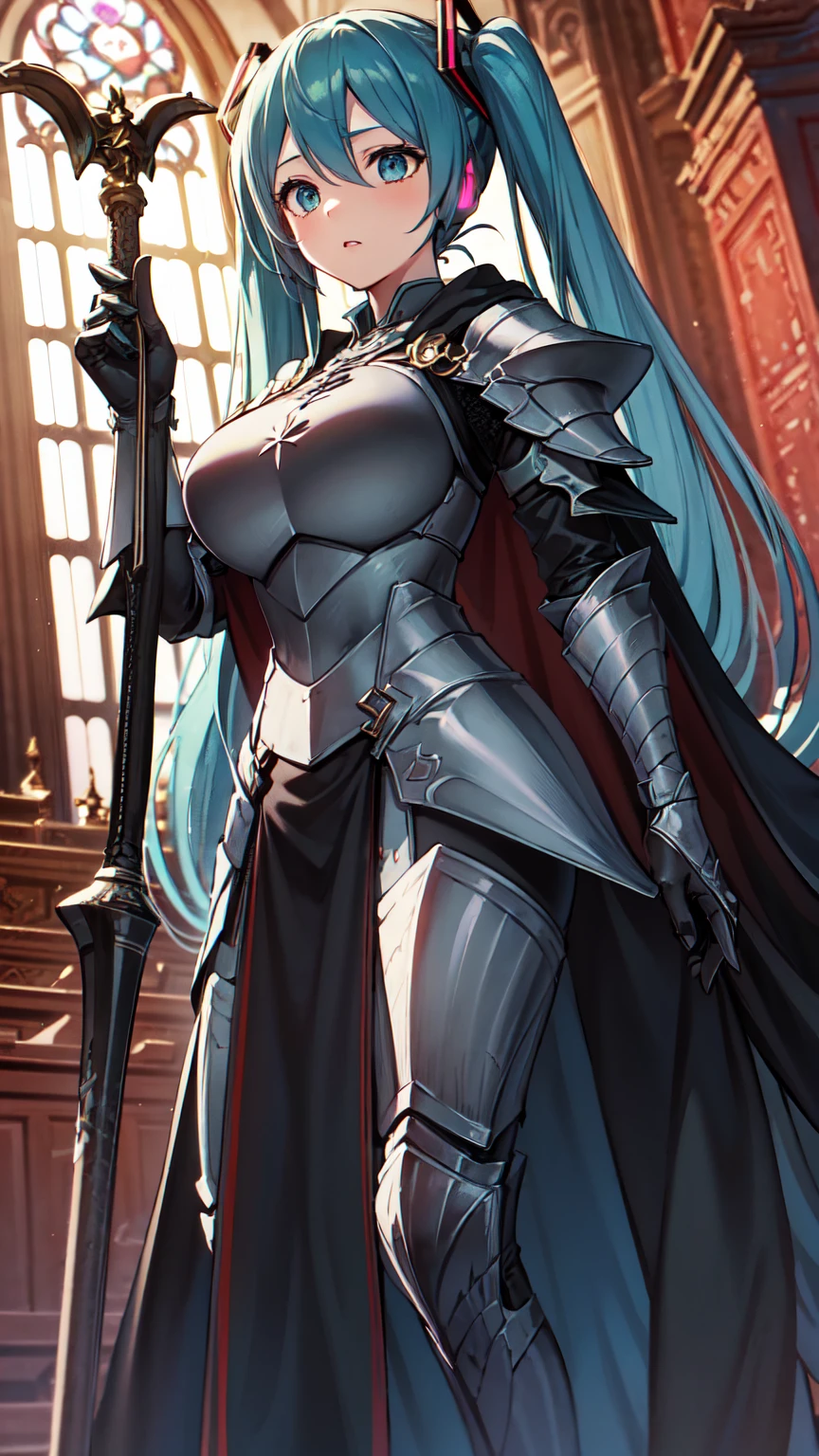 Masterpiece, Top Quality, 8K Hatsune Miku VOCALOID, 1Woman, Big Breasts, Equipped with a Cloak, ((Dragon Armor)), {{Full Armor}}, ((Knight Armor)), Black Tights, Church