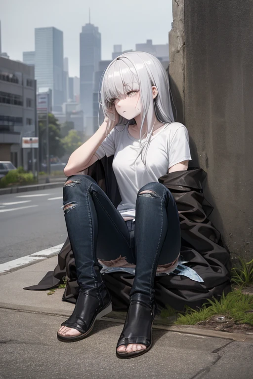((best quality)), ((masterpiece)), (detailed), 1 girl, Full body, 18 years old, Depressed face, Silver eyes, Dirty blanket covering her, Looking down, Pale, Silver hair, Long hair, Spiky hair, Bangs, Lock of hair covering her eye, Full body, Very small breasts, Thin body, Homeless, Somewhat dirty, Poor clothes, Gray t-shirt, Dirty thin coat, Dirty torn pants, Plush doll, Metal legs, Sitting on the ground, City background, Gray sky, Anime, Profile shot