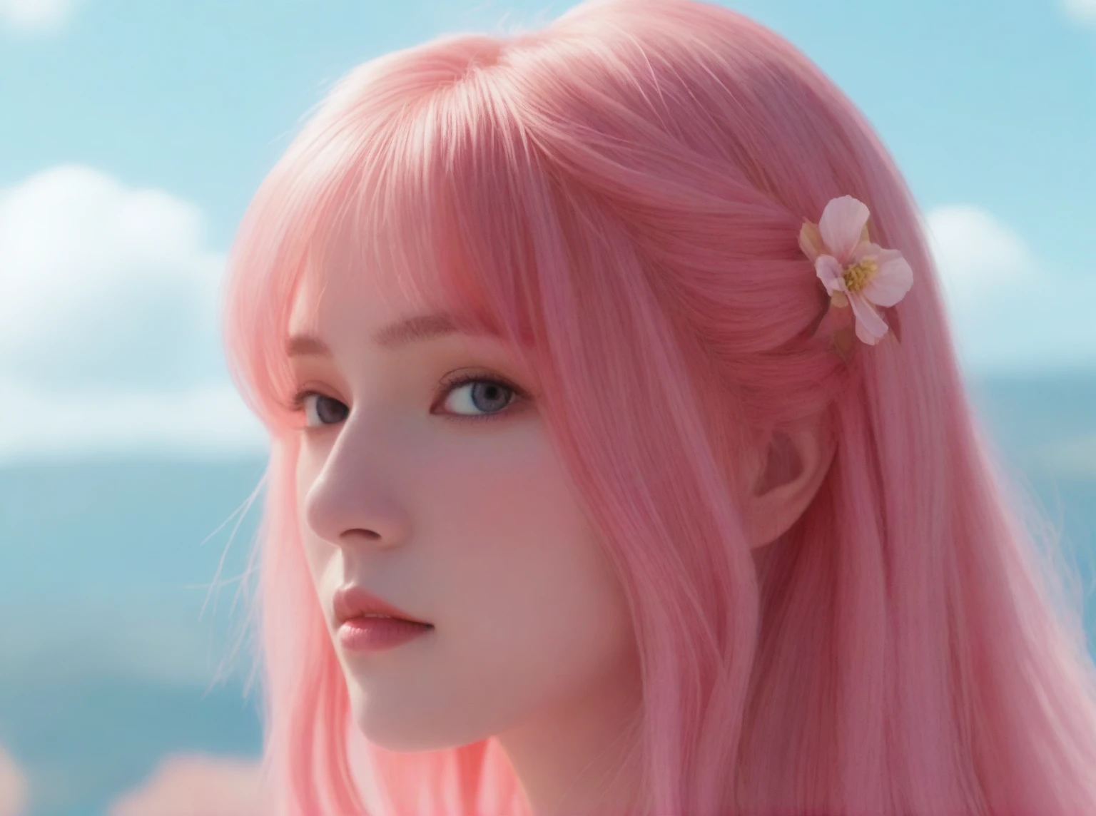 there is a woman with pink hair and a flower in her hair, pink wispy hair, soft portrait shot 8 k, flowing pink hair, photorealistic anime girl render, pink twintail hair and cyan eyes, belle delphine, anime realism style, 3 d anime realistic, photorealistic anime, hyper realistic anime, deviantart artstation cgscosiety