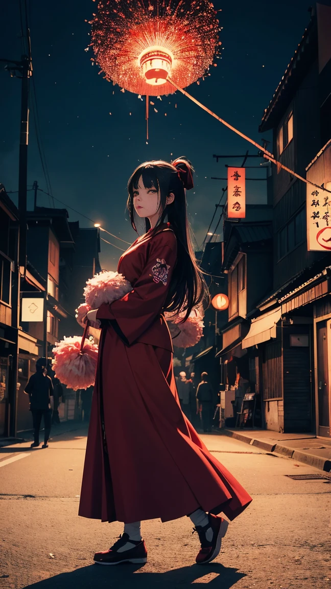 Create a surreal, detailed image of the Japanese urban legend yokai Acrobatic Sarasara - a tall woman in a red dress with long black hair and no eyeballs - finding a cheerleader uniform and pom-poms on the ground. Set the scene at night in a city with eerie lighting.