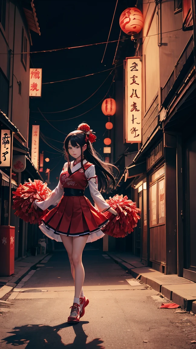 Create a surreal, detailed image of the Japanese urban legend yokai Acrobatic Sarasara - a tall woman in a red dress with long black hair and no eyeballs - finding a cheerleader uniform and pom-poms on the ground. Set the scene at night in a city with eerie lighting.