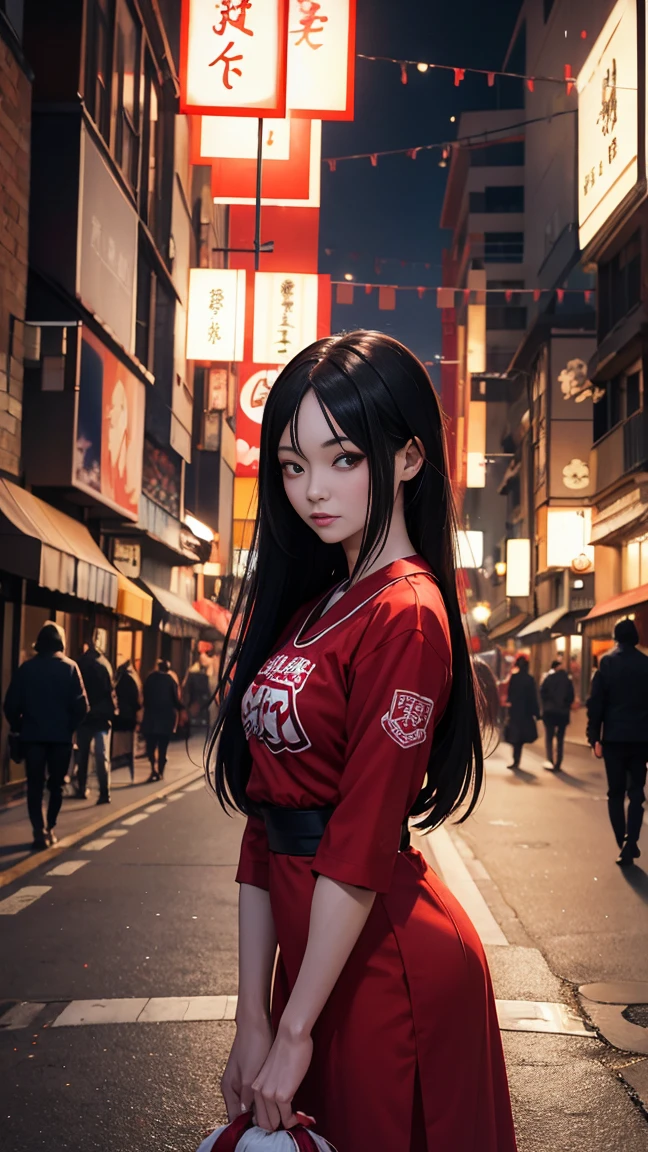 Create a surreal, detailed image of the Japanese urban legend yokai Acrobatic Sarasara - a tall woman in a red dress with long black hair and no eyeballs - finding a cheerleader uniform and pom-poms on the ground. Set the scene at night in a city with eerie lighting.