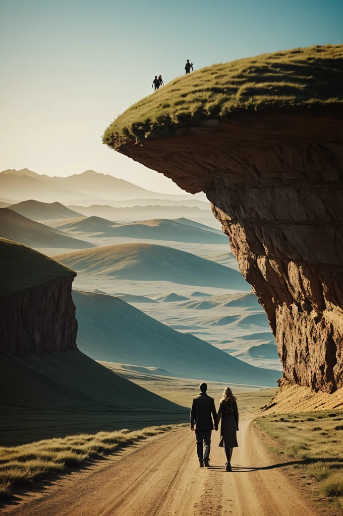 Design me a landscape from another world but similar to ours, with two friends walking, one is looking at the horizon and the other is in front, but that one has a ring in the head 