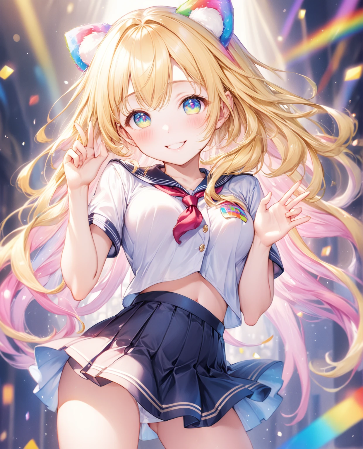 ((Highest quality, 8k, 32K, masterpiece, Ultra-high resolution,:1.2),born, One girl,Super cute , Fantasy Background, Clear, shining eyes, 20-year-old ,Fair skin, Blonde, keep your spirits up, expensive, uniform, mini skirt,D cup breasts,,An innocent smile,Nyan Nyan Pose,Long Hair,