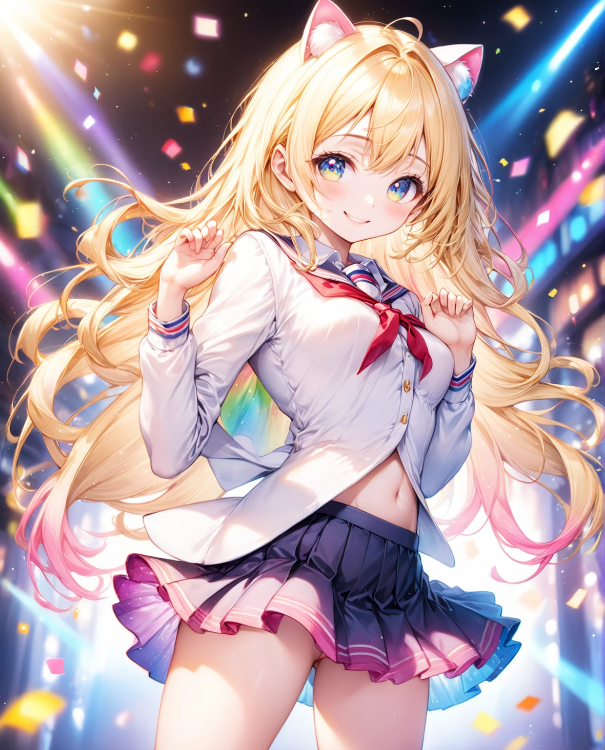 ((Highest quality, 8k, 32K, masterpiece, Ultra-high resolution,:1.2),born, One girl,Super cute , Fantasy Background, Clear, shining eyes, 20-year-old ,Fair skin, Blonde, keep your spirits up, expensive, uniform, mini skirt,D cup breasts,,An innocent smile,Nyan Nyan Pose,Long Hair,
