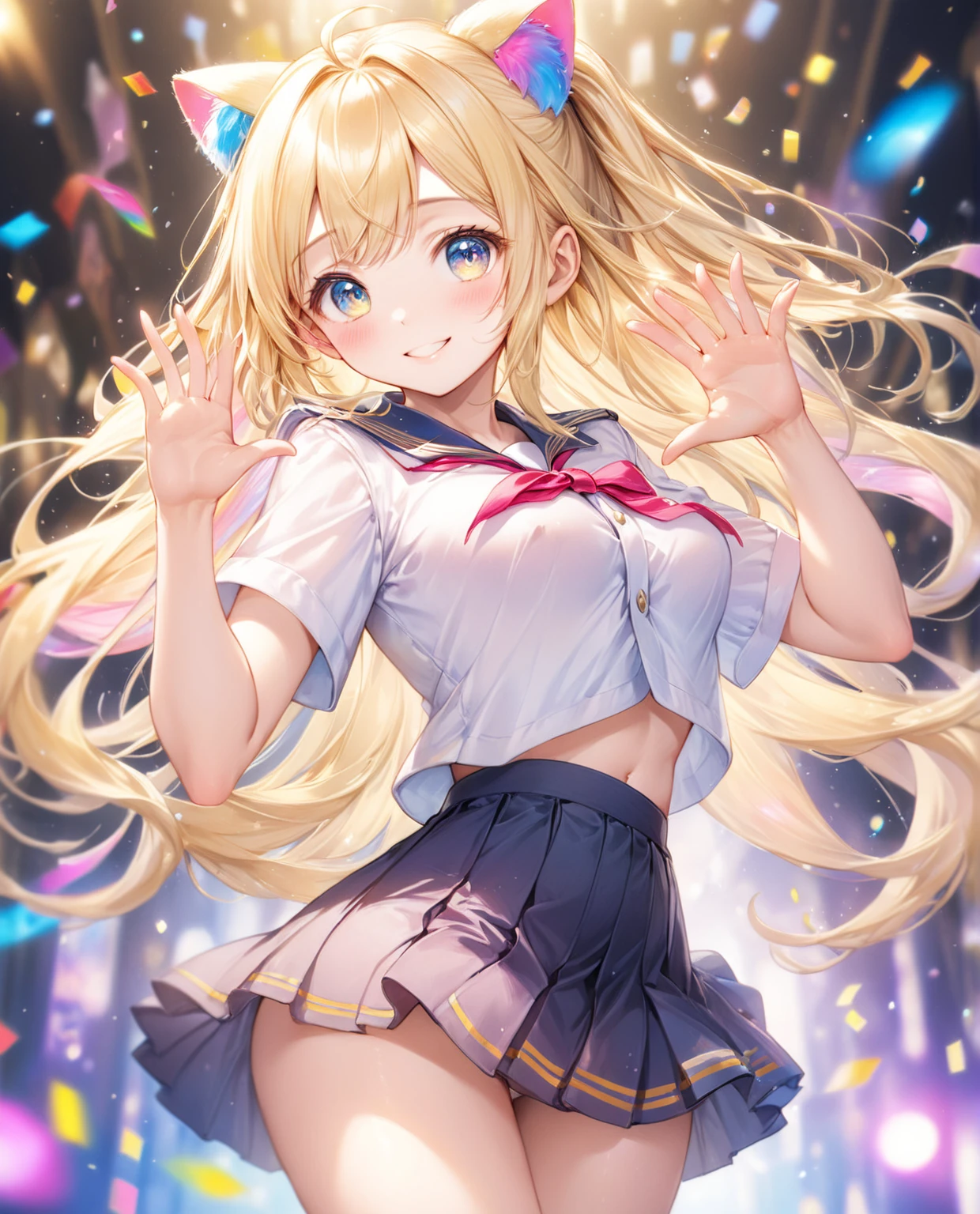 ((Highest quality, 8k, 32K, masterpiece, Ultra-high resolution,:1.2),born, One girl,Super cute , Fantasy Background, Clear, shining eyes, 20-year-old ,Fair skin, Blonde, keep your spirits up, expensive, uniform, mini skirt,D cup breasts,,An innocent smile,Nyan Nyan Pose,Long Hair,